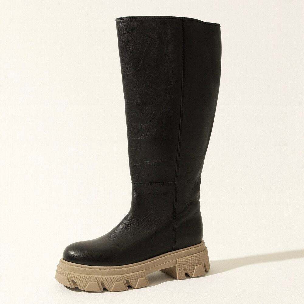 ALOHAS Katiuska Knee High Tall‎ Boots Blackstone Beige Platform Lug Sole Size 40
